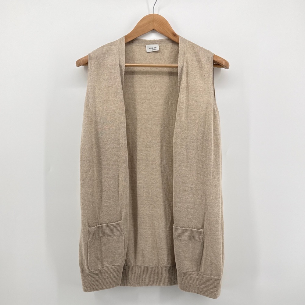 Akris Punto Womens Beige 100% Linen Open Front Knit Cardigan Vest Size 10 US